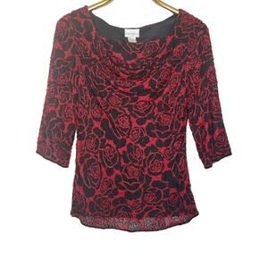 Vintage Paradise NY Size Medium Silk Beaded Formal Top Drape Neck Red Roses